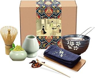 Artcome Traditional Japanese Matcha Tea Set, Matcha Whisk, Traditional Scoop, Matcha Bowl & Caddy, Ceramic Whisk Holder, Handmade Matcha Ceremony Kit (9Pcs)