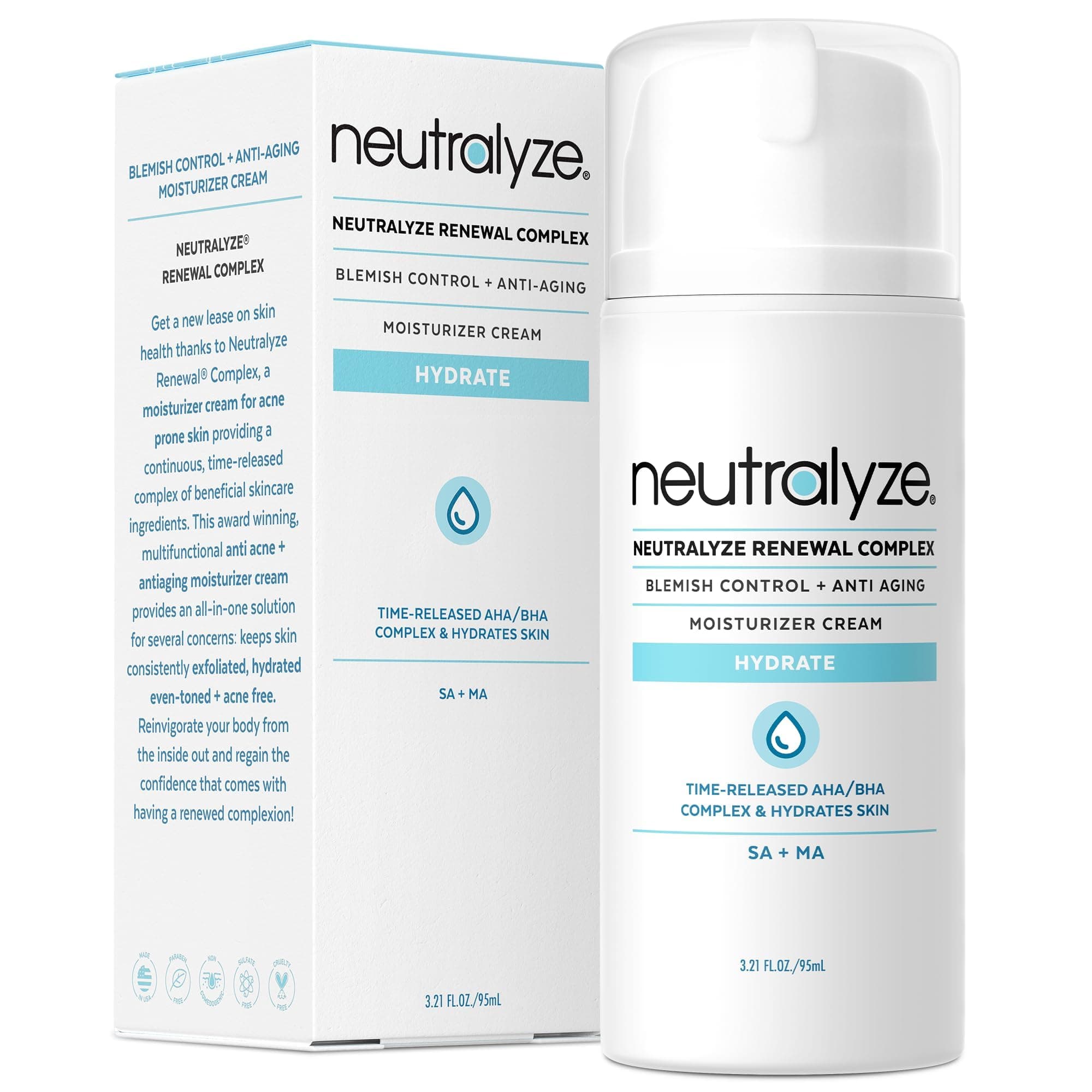 Neutralyze Anti-Acne Solution Maximum Strength Moisturizer Cream with Time-Released 2% Salicylic + 1% Mandelic Acid + Nitrogen Boost (3.4oz)