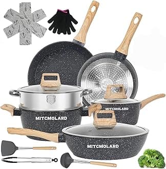 MITCMOLARD14-Piece Granite Cookware Set, Induction Compatible, Non-Stick Pots and Pans with Glass Lid, PFOA Free