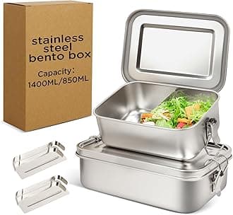 LEEPENK 304 Stainless Steel Lunch Box and Food Containers with Lids 2 Pack 1400/850ml Leak-Proof Adjustable Compartment Metal Bento Box for Travel Work Picnic Adults