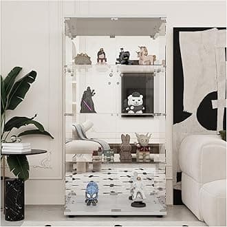 LFT HUIMEI2Y Glass Display Cabinet 4-Shelf with Double Door, Lock, and Mirror, Curio Cabinets Upgraded Quick-Install Style Tempered Glass Showcase for Bedroom, Living Room, White