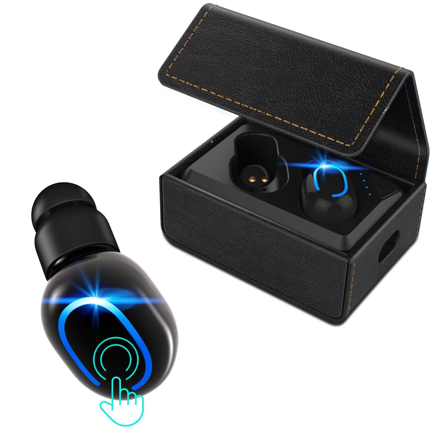 VORSTEK Wireless Bluetooth Earbuds Leather Charging Box Sweatproof 3D Stereo Sound Mini Car Earphones Hand Free Call Built-in Mic Headset in-Ear Headphone