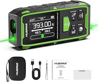 Huepar Dual Laser Measuring Tool, 393Ft Green-Beam Bilateral Digital Laser Distance Measure 6 Units Ft/in/M, Rechargeable Laser Measurement Tool -Backlit LCD Display, Length/Area/Volume/Angle Sensor