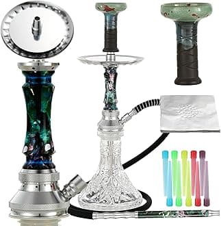 Multifunction Hookah Set with Complete Hookah Accessories Set—Upgraded Silicone Hookah Hose Ceramic Bowl Glass Vase Pre-punched Holes Foils,Upgraded Aluminum alloy Shisha Hookah Set(Green)