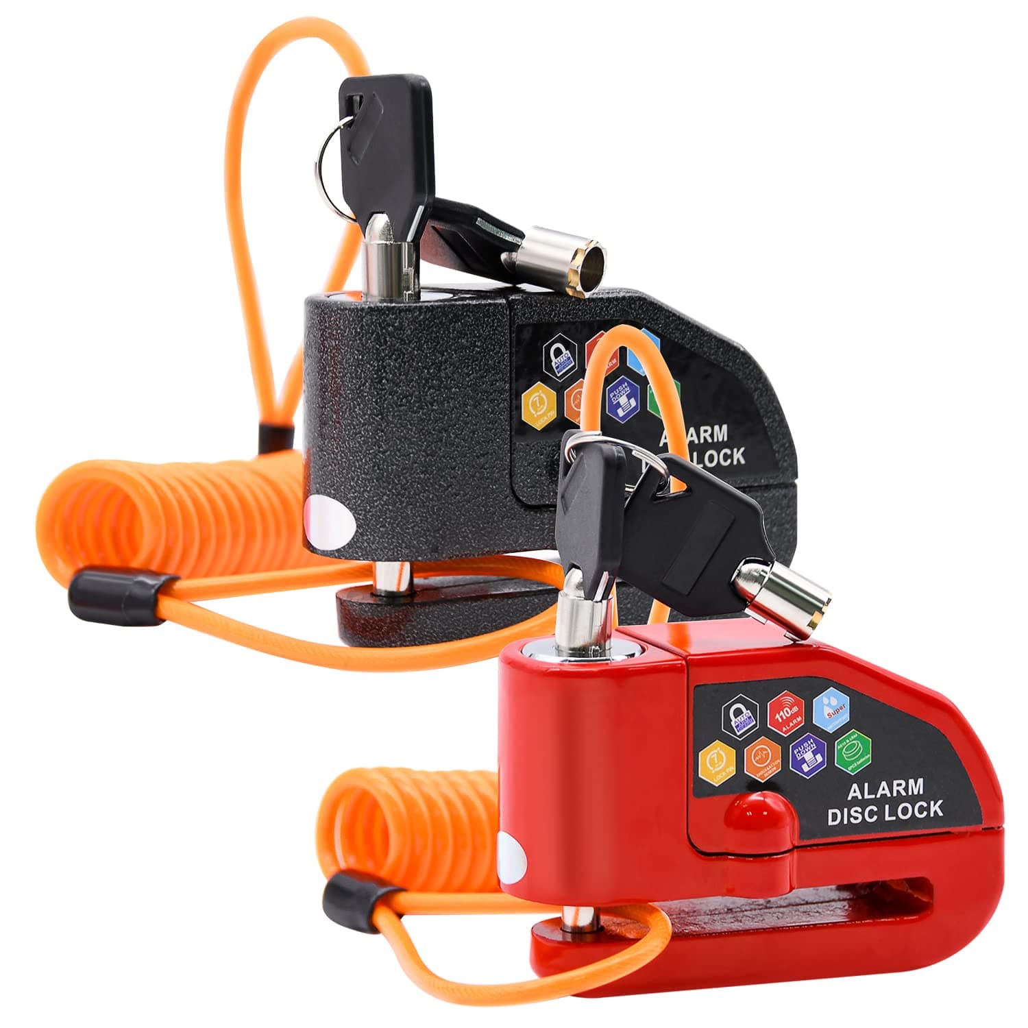 RUBY-Q Alarm Disc Lock Set, 2 Pack Brake Lock, Anti-Theft Waterproof 110 dB 7mm Pin 5ft Reminder Cable for Motorcycles Bike Scooter Carry Pouch Allen Wrench Security Keys(Black & Red)