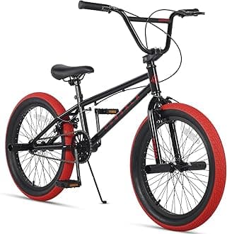 20 Inch Freestyle Youth BMX Bicycle Kids Bike for 6 7 8 9 10 11 12 13 14 Years Old Boys Girls Young Adult and Beginner-Level Rider with 4 Peg, Black with Red Tires