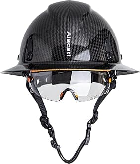 Alacati, Carbon Fiber Hard Hat Full Brim with Goggles- Safety Helmet with 6-Point Adjustable Ratchet Suspension- ANSI Z89.1 Compliant