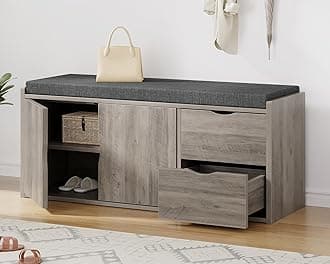 LVB 2-Tier Storage Bench with Padded Cushion, Entryway Shoe Bench with 2 Drawers, 2 Barn Doors & Adjustable Shelf, Industrial Style for Foyer, Bedroom, Living Room, Greige, 40 Inch