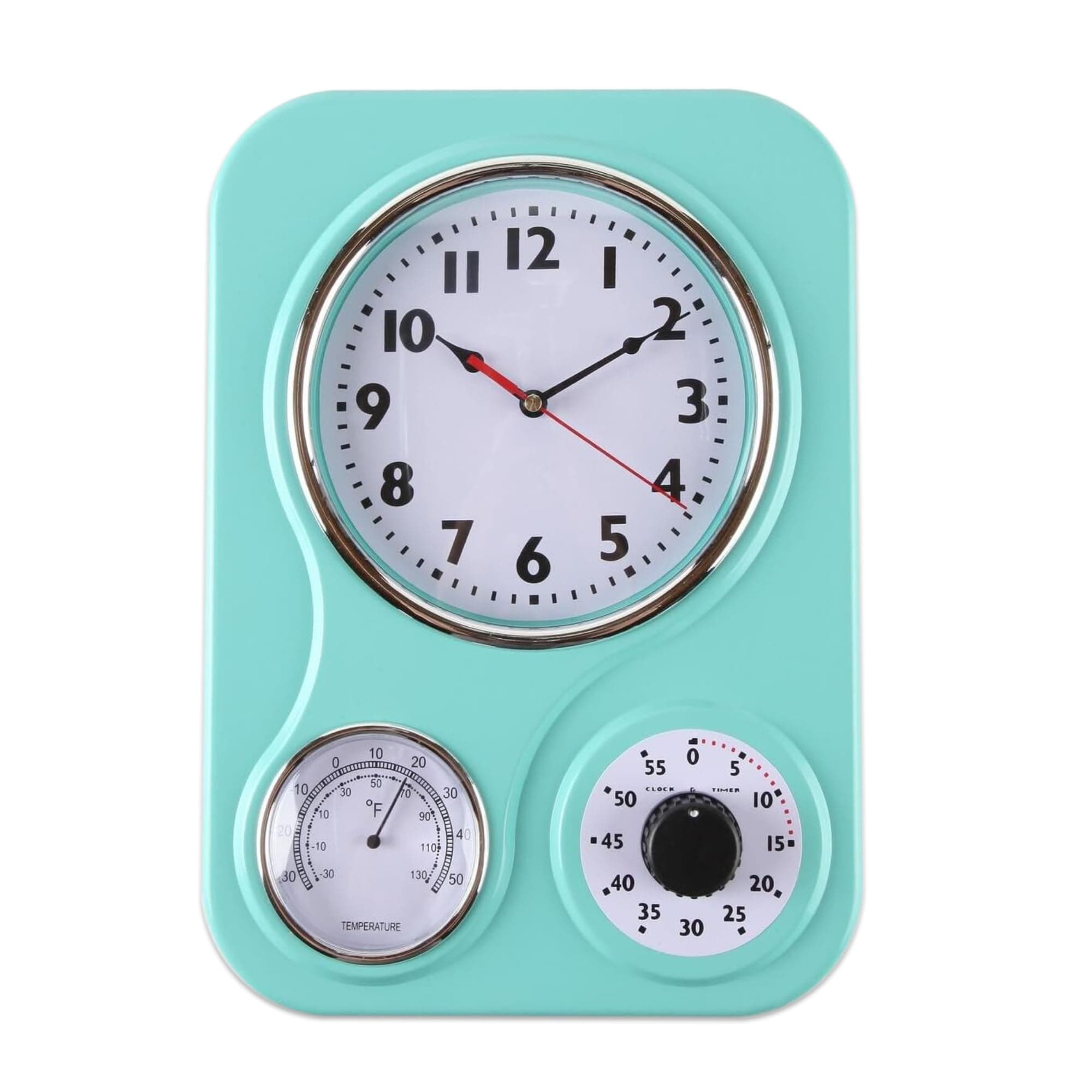 Retro Kitchen Wall Clock, with a Thermometer and 60-Minute Timer, Ideal for Any Kitchen, Turquoise (9.5 in x 13.3 in)