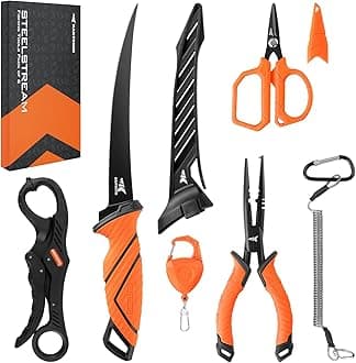 KastKing SteelStream 6pc Fishing Tool Kit - Corrosion Resistant Fishing Pliers with Lanyard, Fillet Knife, Floating Fish Lip Gripper, Fishing Braid Scissors, Tool Retractor, Fishing Gifts for Men
