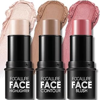 FOCALLURE 3 Pcs Cream Contour Sticks,Shades with Highlighter & Bronzer & Blush,Non-greasy and Water-resistant Face Contouring Pen,Easy to Sculpt the Face and Create a Lightweight Finishing