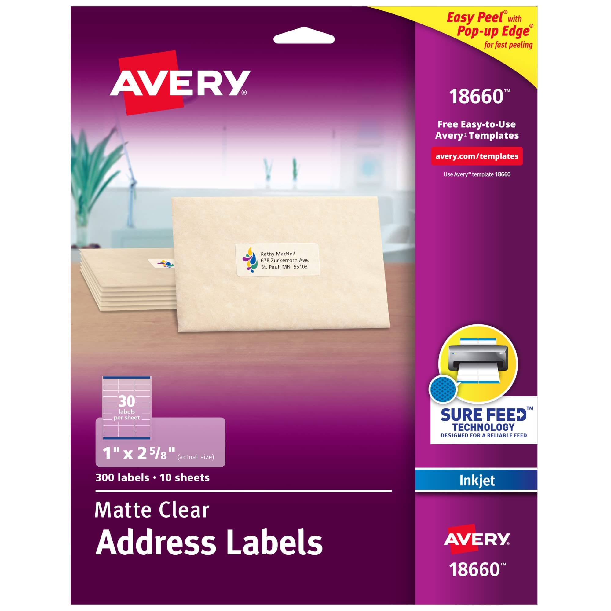 - Avery Printable Address Labels with Sure Feed, 1" x 2-5/8", Matte Clear, 300 Blank Mailing Labels (18660)