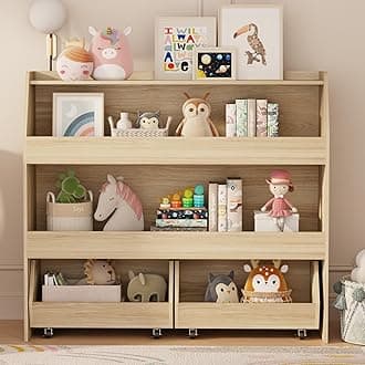 COZPAW Toy Storage Organizer, 3 Tier Montessori Shelf with Movable Bins, Toy Organizers Book Shelf for Kids Room, Playroom, Nursery (Wood)