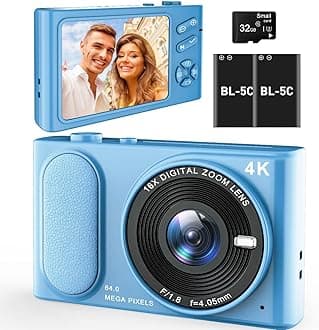 4K UHD Digital Camera - 64MP Autofocus Vlogging Camera with 16X Zoom, Compact Point and Shoot with Anti-Shake, Small Travel Camera for Adult Beginners Teens, 32GB Card, 2 Batteries (Blue)