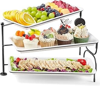 Lifewit 3 Tier Serving Tray for Party Supplies, 14 x 6.5" Plastic Platters for Food, White Rotating Trays with Black Metal Display Stand for Buffets, Cake, Snack, Veggie, Fruit, Cookies, Dessert