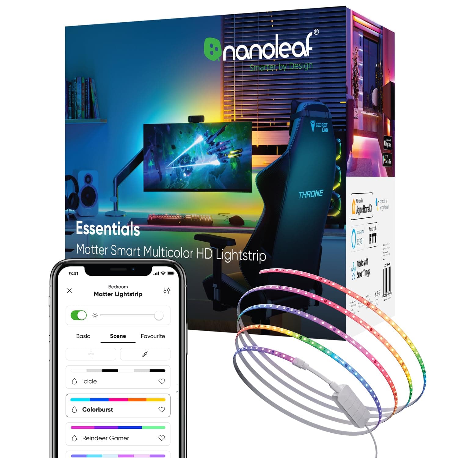 Essentials Matter Bluetooth & WiFi Smart Multicolor LED Lightstrip 200" Smarter Kit (5m) - RGB & Whites, Controller, App & Voice Control (Works with Apple Home, Google Home)