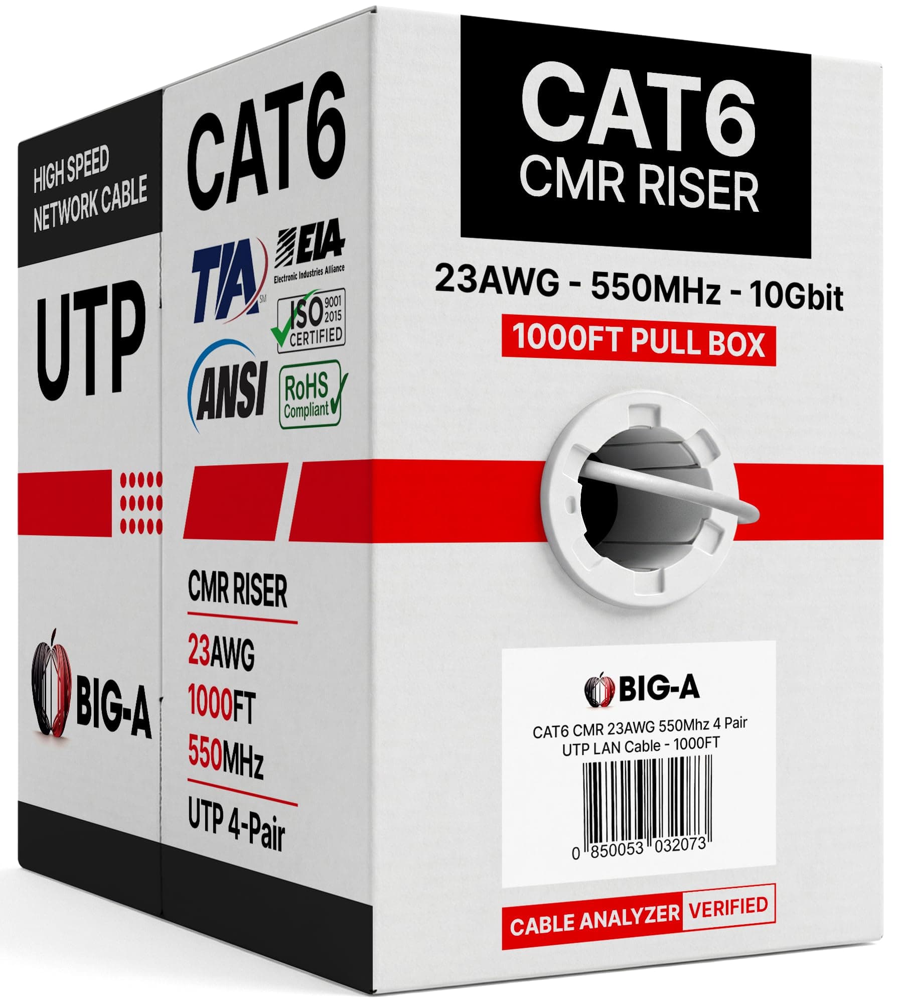 Big-A - Bulk Cat6 Cable 1000ft 23AWG Solid 4 Pair, Cat 6 Ethernet Cable Unshielded Twisted Pair (UTP), (CMR) 550MHz Internet Cable, Pull Box - White