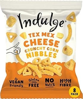Indulge - Crunchy Corn Nibbles - Tex Mex Cheese Flavour - Gluten Free, Low Salt, Low Fat, Nut Free, Vegan - 20g x 8 bags (20g (Pack of 8), Tex Mex Cheese)