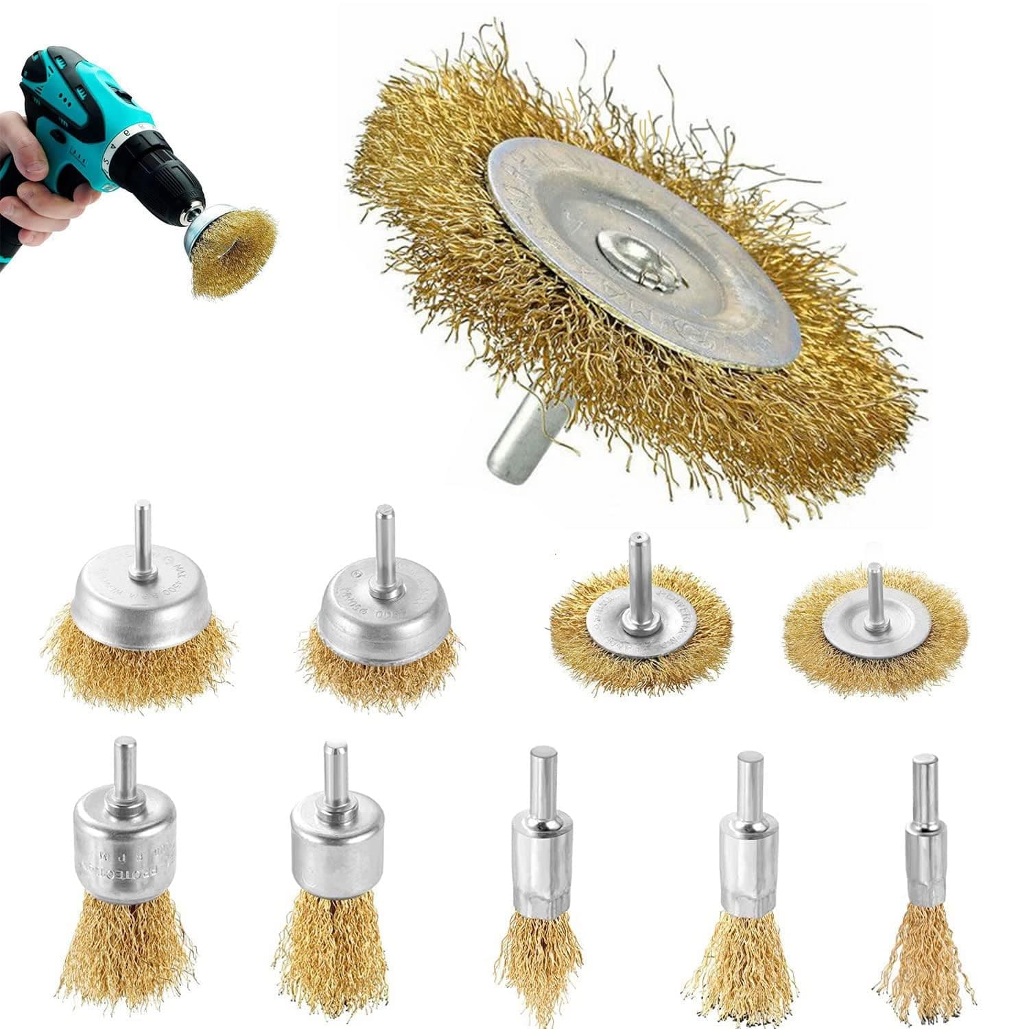 9 Pcs Drill Wire Wire Brush Wheel Cup Brush Set, Heavy Duty Drill Wire Wheel Cup Flat Brush Cleaning Sanding Set, for Drilling 1/4 inch Handle, derusting, Paint Surface and Small Space can be Treated