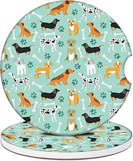 Car Cup Holder Coasters - Green Cute Dogs Absorbent Ceramic Coaster 2 Pack, Anti Slip Car Coasters for Cup Holders, Fashion Car Interior Accessories Drink Coaster for Women & Men