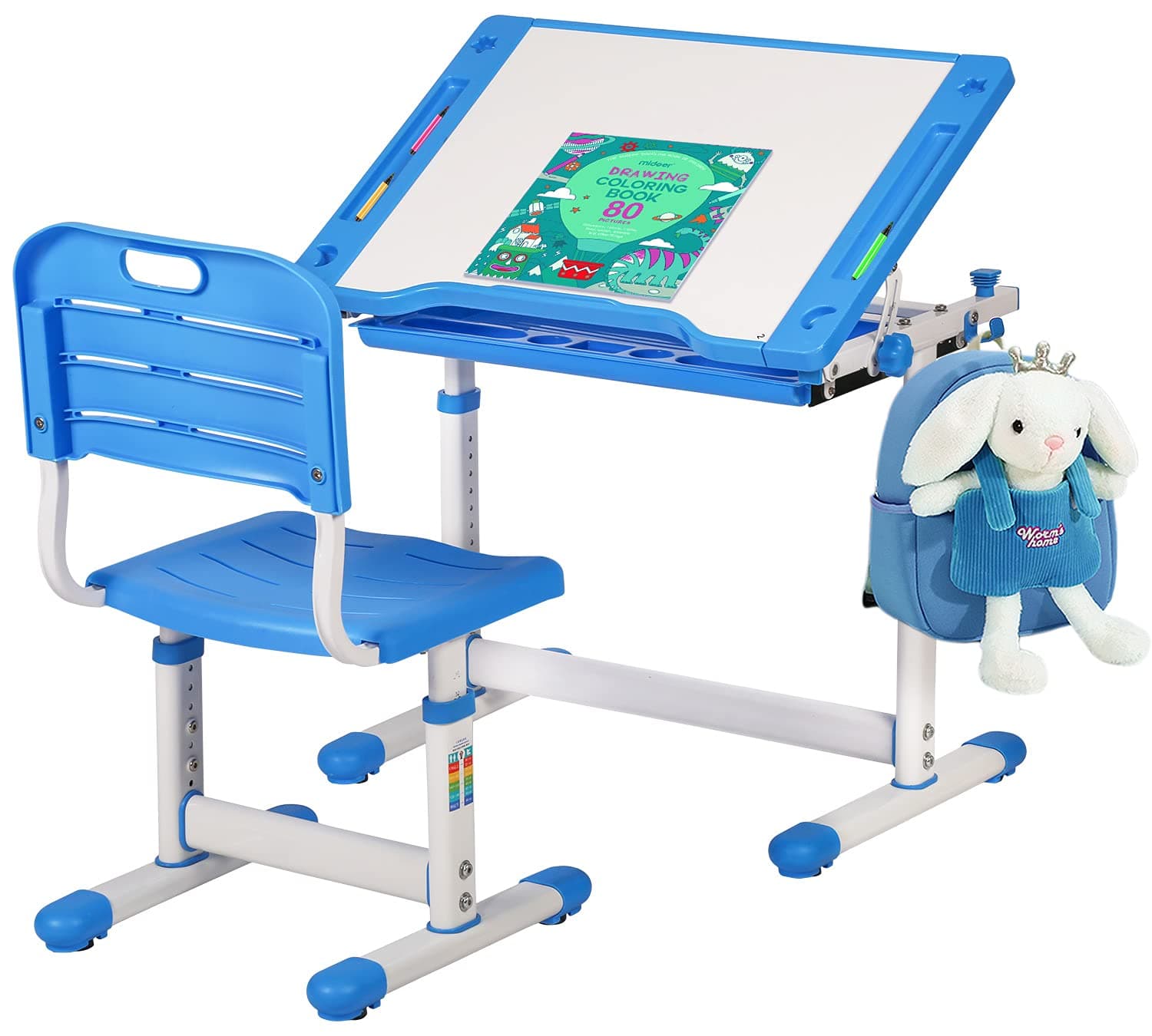 FDW Kids Study School Adjustable Height Table with Storage Blue