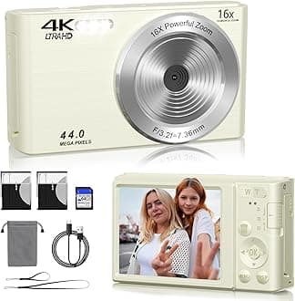 Digital Camera FHD 4K 44MP with 64GB SD Card 16X Digital Zoom Compact Camera Portable Auto Focus 4K Camera FHD 1080p Cheap Small Vintage Camera Children's Day Gifts for Teens Boys Girls (Milk)