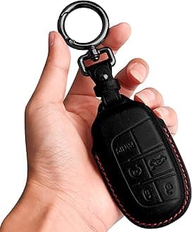 Tukellen for Jeep/Dodge Key Fob Cover Leather,Leather Key Case Protector Compatible Jeep Grand Cherokee Renegade Chrysler 200 300 Dodge RAM Durango Challenger Journey Dart Fiat-Black(Red line)
