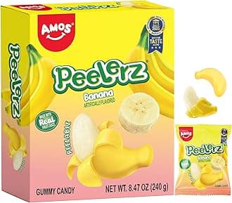 AMOS Peelerz Banana Gummy Candy, Peelable Fruit Snacks Easter Basket Stuffers, 8.47oz Box 10 Individual Packs, Fun Easter Egg Hunt Treats, Made with Real Fruit Juice