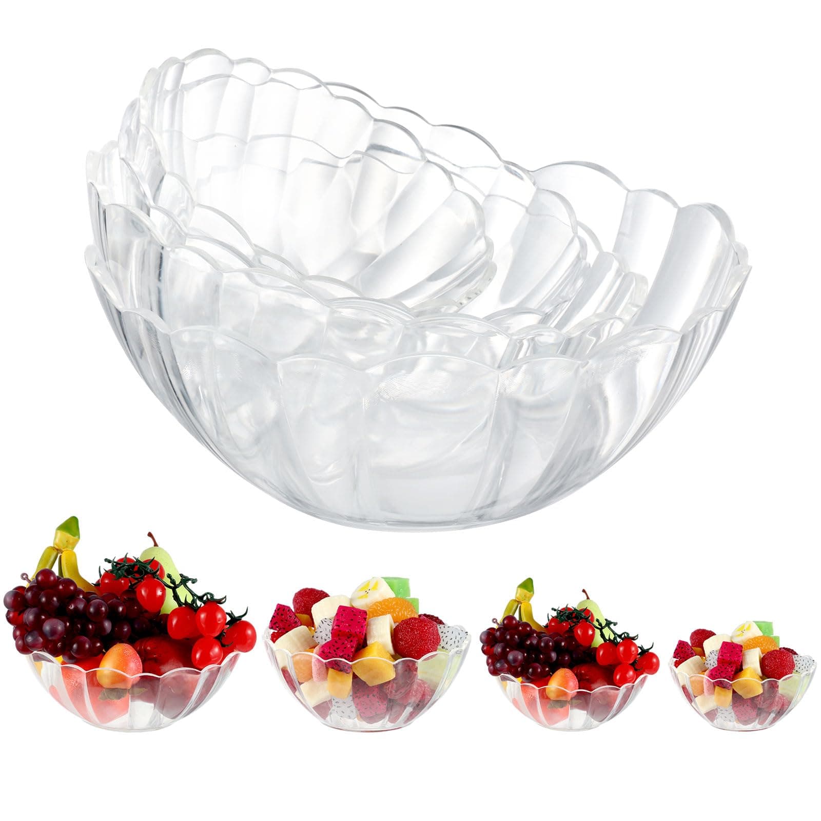 4 Pcs Clear Plastic Serving Bowls 20 oz / 34 oz / 51 oz / 74 oz Acrylic Salad Mixing Bowls Reusable Chip Bowls Candy Food Container for Kitchen Dessert Snack Fruit Popcorn Parties Decorative