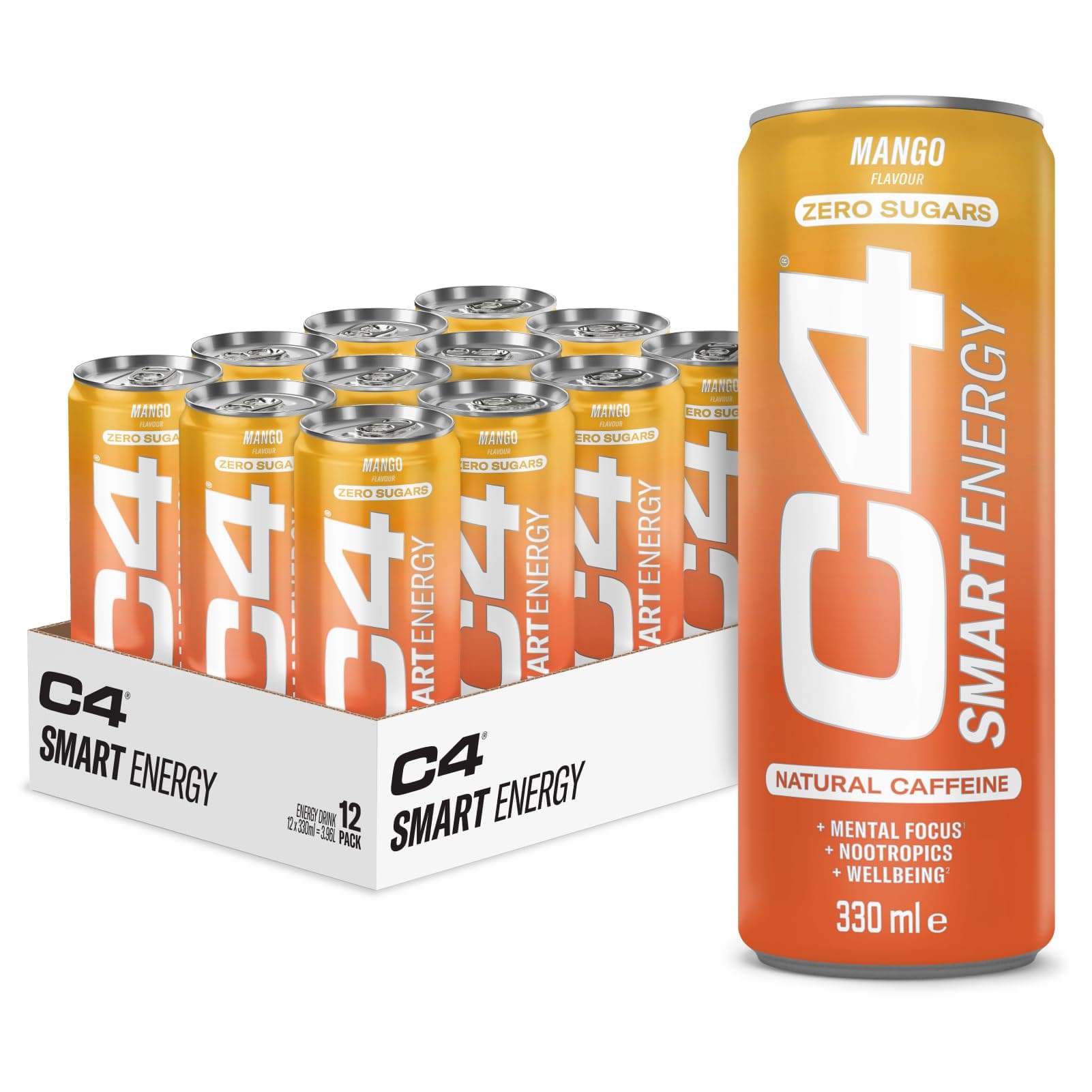 C4 Smart Energy Drinks Mango 330ml (12 pack) | Sugar Free Energy Drink with 106mg Natural Caffeine, Brainberry, Nootropics, Vitamin C | Natural Energy Drink for Mental Focus On the Go