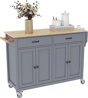 LUMISOL Rolling Kitchen Cart with 2 Drawers, Kitchen Island on Wheels with Solid Wood Top and Storage Cabinets, Portable Island for Dining Room Living Room, Grey Blue
