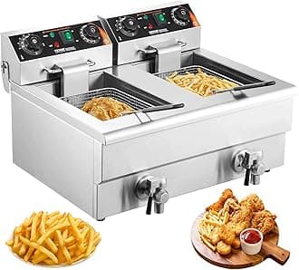 Commercial Deep Fryer, Dual Tank 3000W Electric Countertop Fryer with Basket, 2 x 11.6Qt/11L Double Stainless Steel Oil Fryer with Drain, Time & Temp Control, for Kitchen Restaurant Use