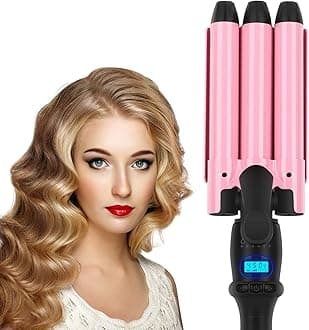0.9 Inch(22mm) Crimper Hair Iron, Aima Beauty 3 Barrel Curling Iron Temperature Adjustable, Beach Hair Waver with LCD Temperature Display Dual Voltage, Pink
