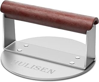 HULISEN Burger Smasher, Stainless Steel Smashed Burger Press, 6 Inch Hamburger Press for Griddle, Heavy-Duty Grill Press with Wood Handle, BBQ Accessories Tool, Weights 1.24 lb, Gift Wrapping