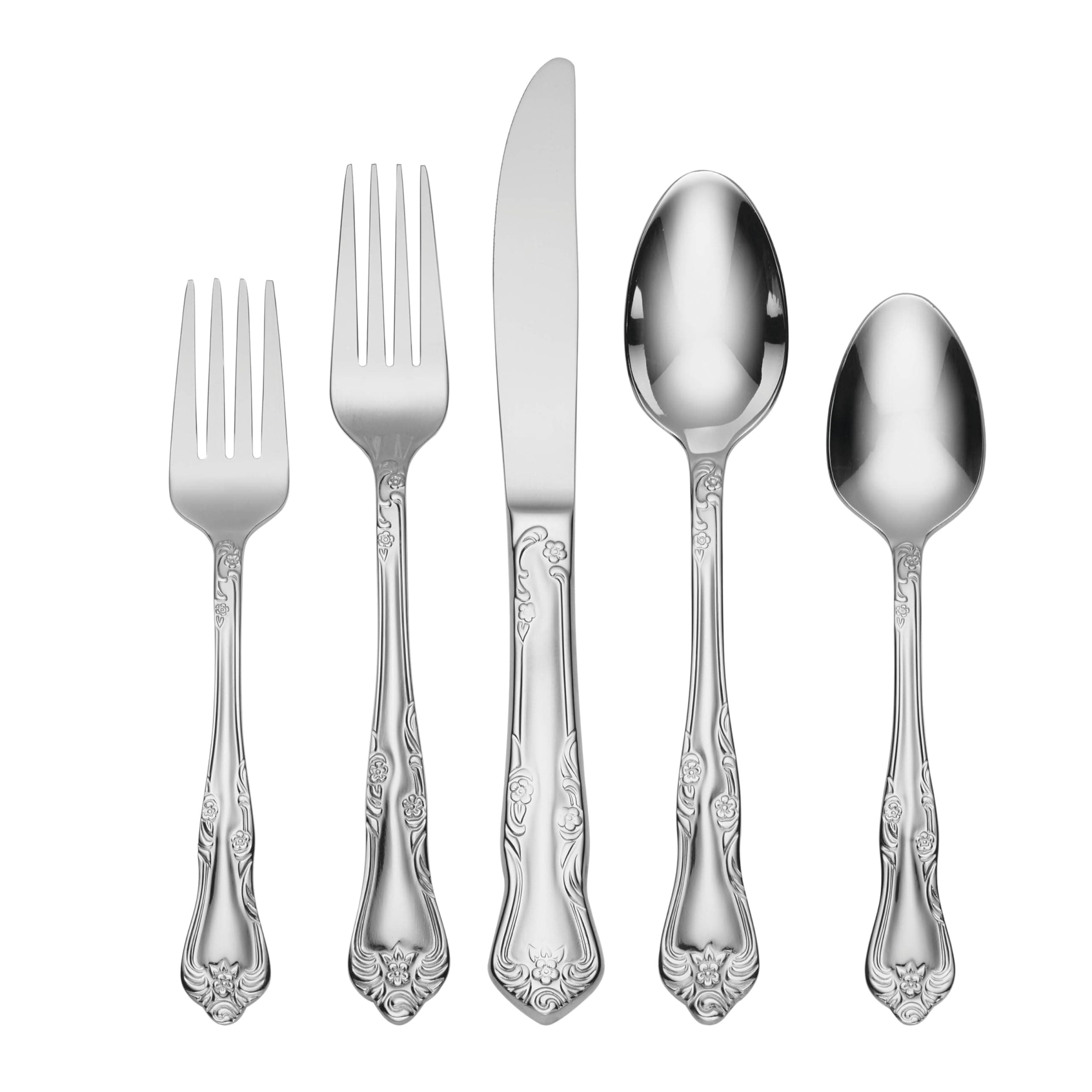 Silverware Set For 8, Azalea 45-Piece Everyday Flatware Set with Serving Utensils, Floral, Service For 8, 18/0 Stainless Steel, Dishwasher Safe, Knives Spoons And Forks Sets (Silver, 45 Pieces)