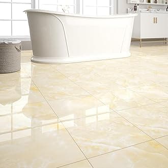 40-Pack 40 Sq.Ft Peel and Stick Floor Tiles Vinyl Polish Pattern Flooring, 12” x 12” Self Adhesive Vinyl Flooring DIY for Kitchen, Bathroom, Laundry, Polish Ivory Beige Marble