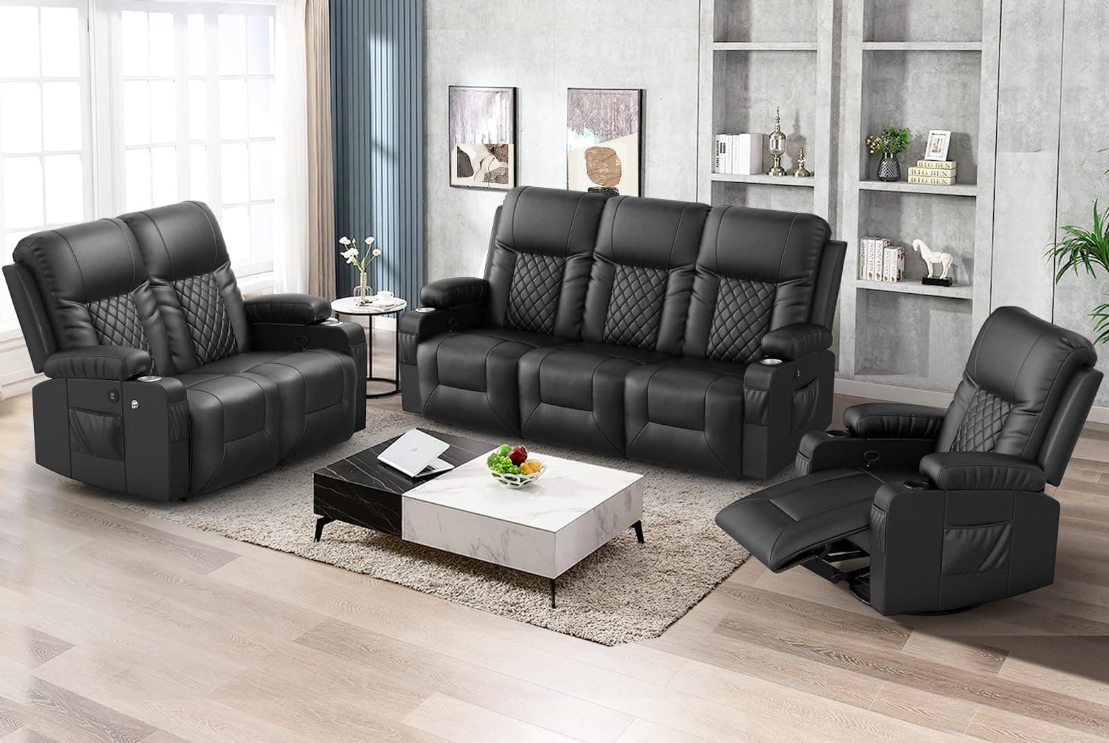 Oversized Recliner Sofa Set with 3+2+1 Pieces in Living Room, 1 Reclining Loveseat Couch, 1 Recliner Chair with 360 Degree Swivel Single Sofa Seat, 3 Seats Dual Reclining Sofa with USB Ports