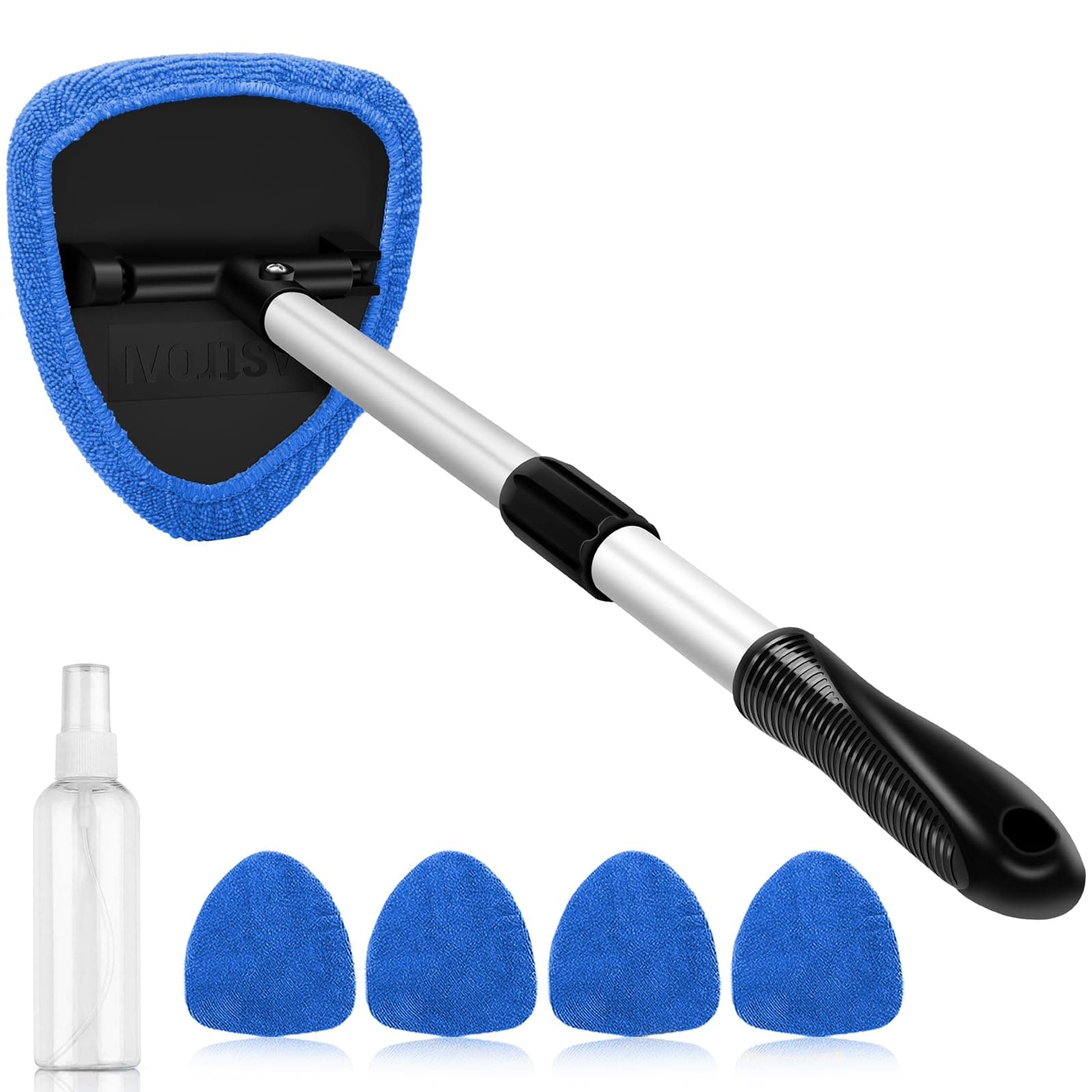 AstroAI Windshield Cleaner, Car Windshield Cleaning Tool Inside with 4 Reusable and Washable Microfiber Pads and Extendable Handle Auto Glass Wiper Kit, Blue