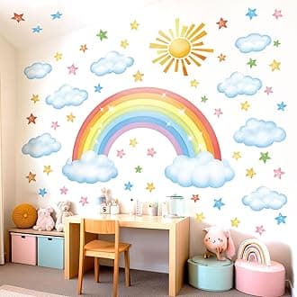 DECOWALL SG3-2314 Large Rainbow Cloud Stars Wall Stickers Sun Clouds Star Decals Removable for Baby Kids Nursery Girls Bedroom Living Room Wall Décor