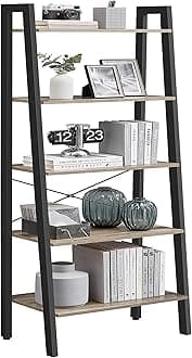 Ladder Shelf, 5-Tier Bookshelf, Storage Rack, Bookcase with Steel Frame, for Living Room, Home Office, Kitchen, Bedroom, Industrial Style, Camel Brown and Black ULLS045B50