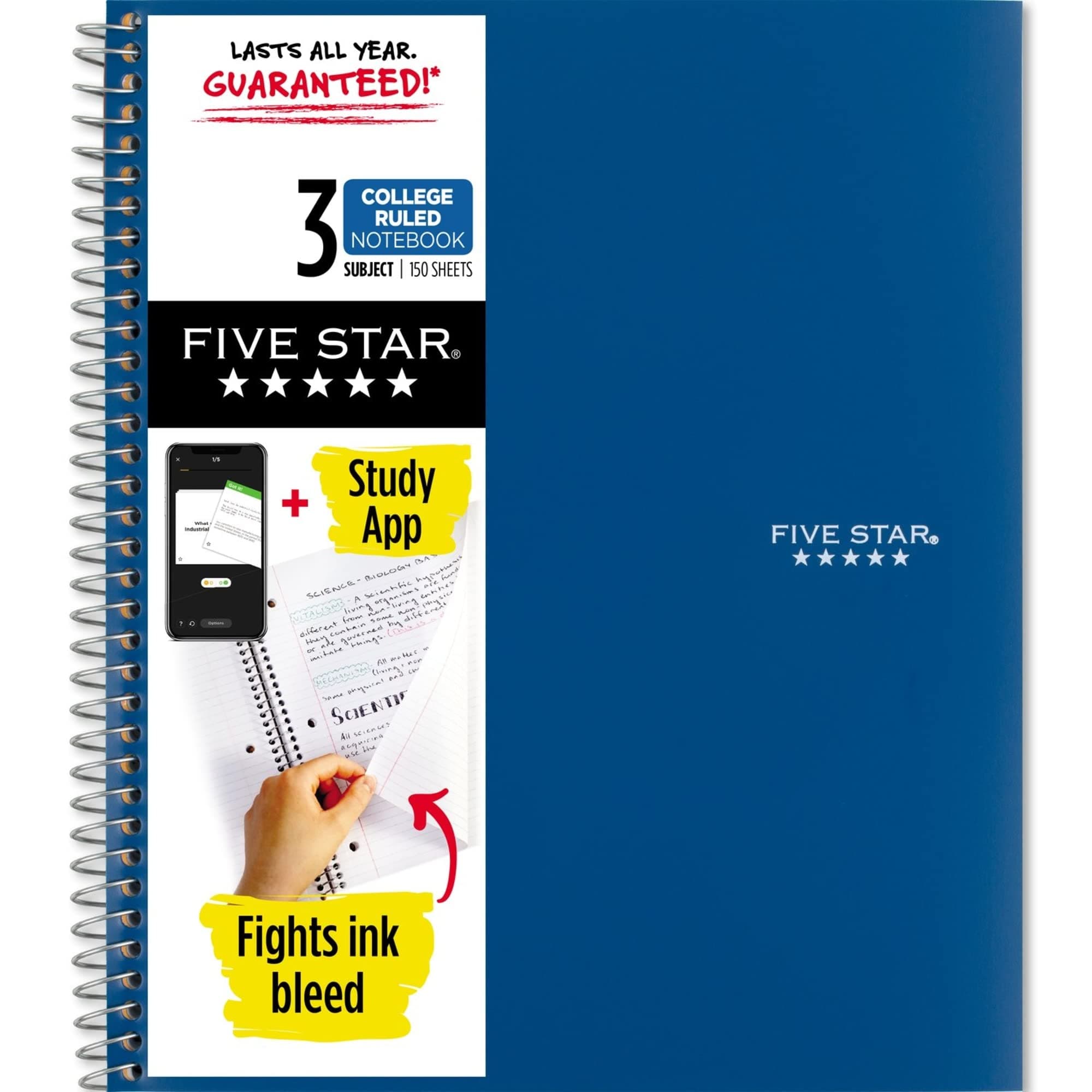 Five Star Spiral Notebook + Study App, 3 Subject, College Ruled Paper, 8.5" x 11", 150 Sheets, Blue (Color May Vary) (820004NH0)