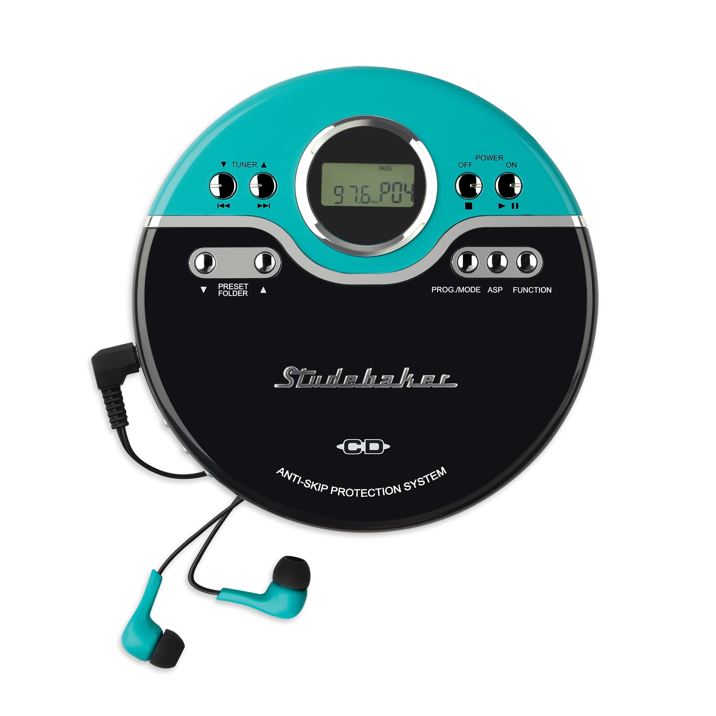 Retro Portable CD Player | MP3 CD-R/RW Playback | Programmable Personal CD Player | Anti-Skip | FM Radio | Mega Bass Boost | Sports Headphones (Classic Turquoise)