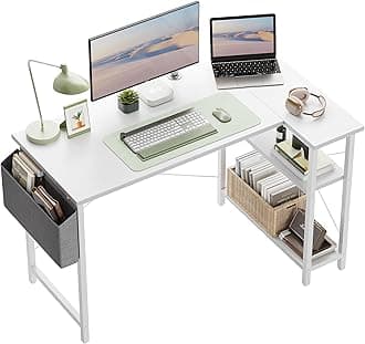 CubiCubi 100 cm Small L Shaped Computer Desk with Storage Shelves Home Office Corner Desk Study Writing Table, White