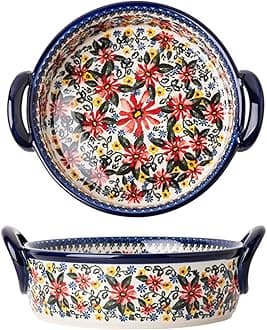 Red Daisy Flower Vintage Style Ceramic Bakeware Casserole Dish Baking Pan Lasagna Pans Baking Dish with Handles for Oven/Cooking/Kitchen-1 PCS, 32 OZ
