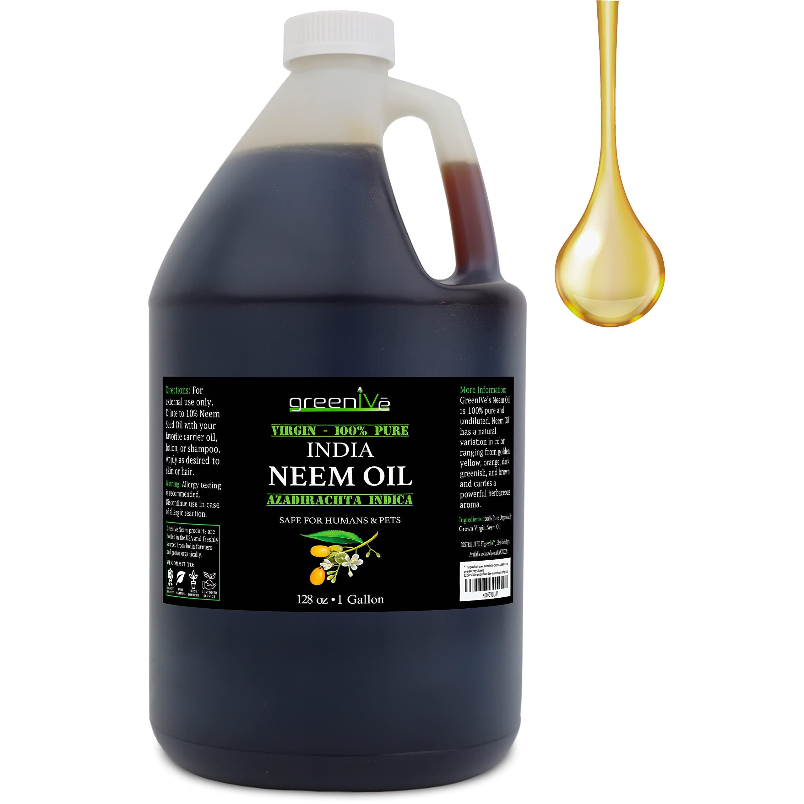 GreenIVe 100% Pure Neem Oil Bulk Size Cold Pressed Virgin Unrefined Hexane Free Natural Plant Based Non-GMO Hair & Skin Care - Nail Cuticle, Pet, Plant Care Gallon Bulk 128 fl oz 1 Gallon