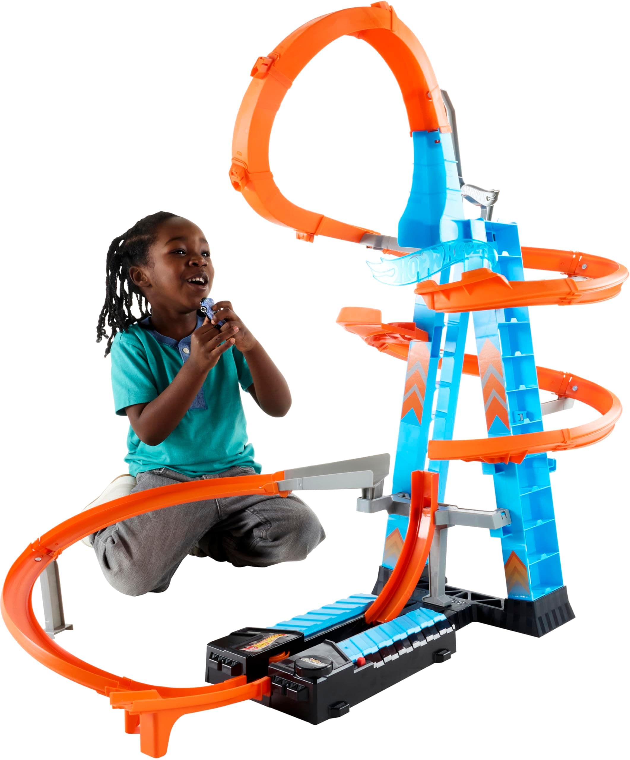 Sky Crash Tower Track Set, 2.5+ ft / 83 cm High with Motorized Booster, Orange Track & 1 Hot Wheels Vehicle, Race Multiple Cars, Gift for Kids 5 to 10 Years Old & Up, Multi