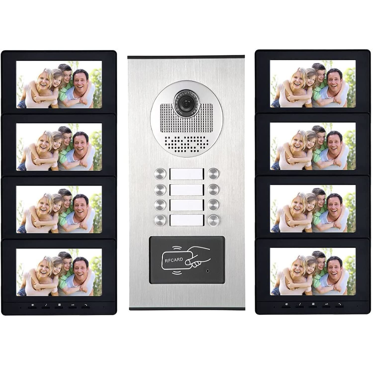 8 Units Apartment Intercom System, Video Intercom Video Door Phone Kit, HD Camera 7" Monitor with ID keyfobs Unlock for 8 Household or Office