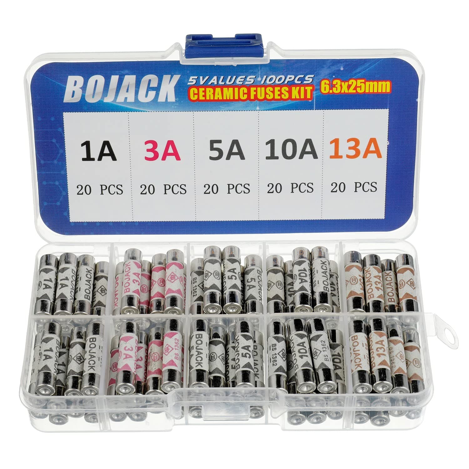 5 Values 100 pcs 1 3 5 10 13 A amp 240 V Volt Household Mains Plug Fuse 6.3x25 mm 0.25x1Inch BS1362 Ceramic Tube Cartridge Fuses Assortment Kit packag in a Clear Plastic Box