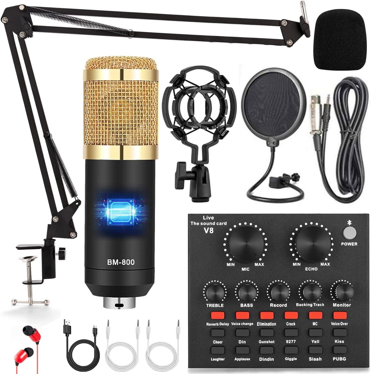 Podcast Equipment Bundle, Audio Interface with All in One Live Sound Card and Condenser Microphone, Perfect for Recording, Broadcasting, Live Streaming (Gold)
