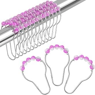 Pink Shower Curtain Hooks, Decorative Shower Curtain Hooks Smooth Glide, Shower Curtain Rings Rustproof Stainless Steel Shower Hooks for Pink Bathroom Decor 12pcs